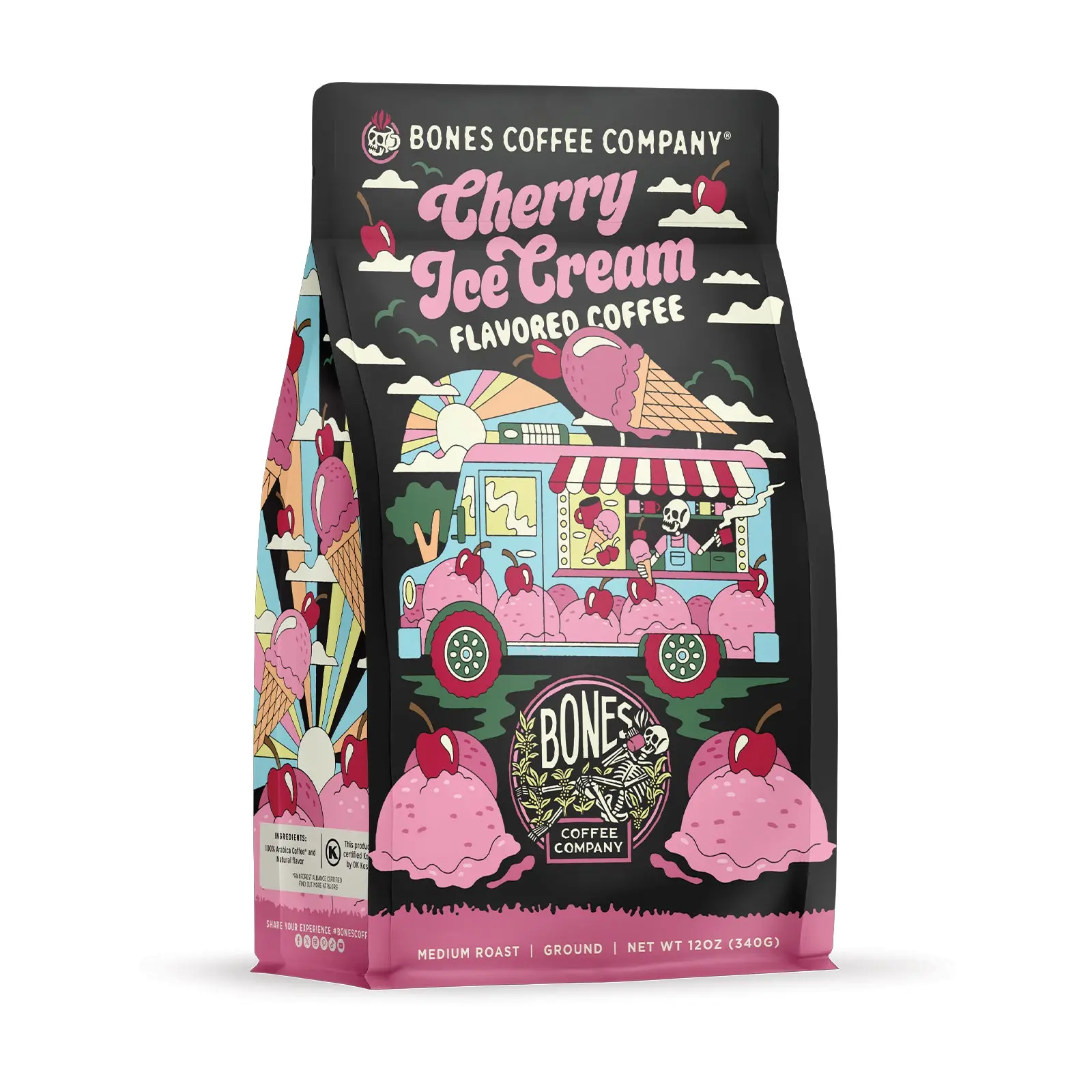 Bones Coffee Company | Cherry Ice Cream Flavored Coffee, 12oz Ground Coffee Bag Bones Coffee Company | Cherry Ice Cream Flavored Coffee, 12oz Ground Coffee Bag