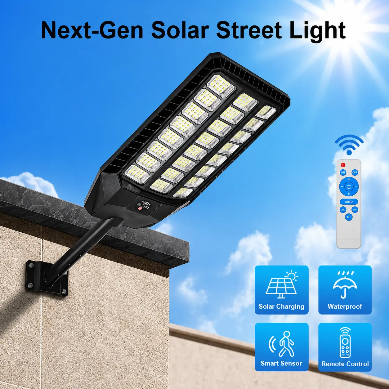 Solar Street Light Outdoor with Remote Control, Motion Sensor Solar Security Flood Light, 3 Modes, IP65 Weatherproof Wall or Pole Mounted Light for Yard, Garage, Garden & Driveway