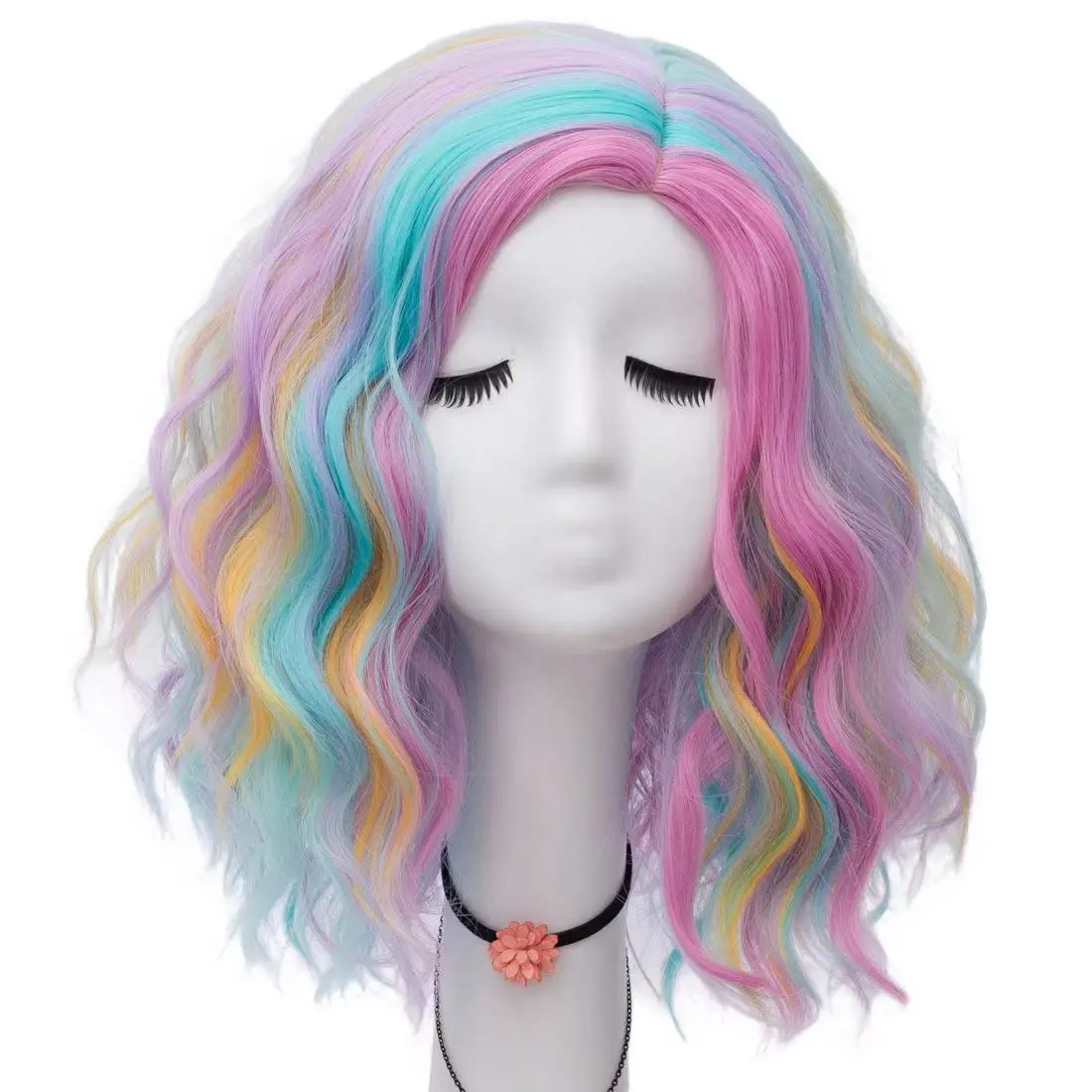 Women 16 Inches Curly Wavy Colorful Rainbow Fashion Anime Party Cosplay Wigs Blue Pink Yellow Hair
