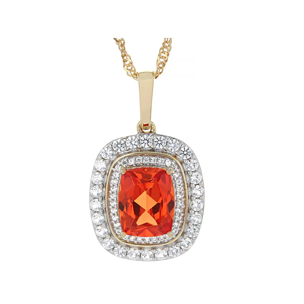 JTV Lab Sunset Sapphire 18k Yellow Gold Over Sterling Silver Double Halo Pendant With Chain 4.11ctw JTV Lab Sunset Sapphire 18k Yellow Gold Over Sterling Silver Double Halo Pendant With Chain 4.11ctw