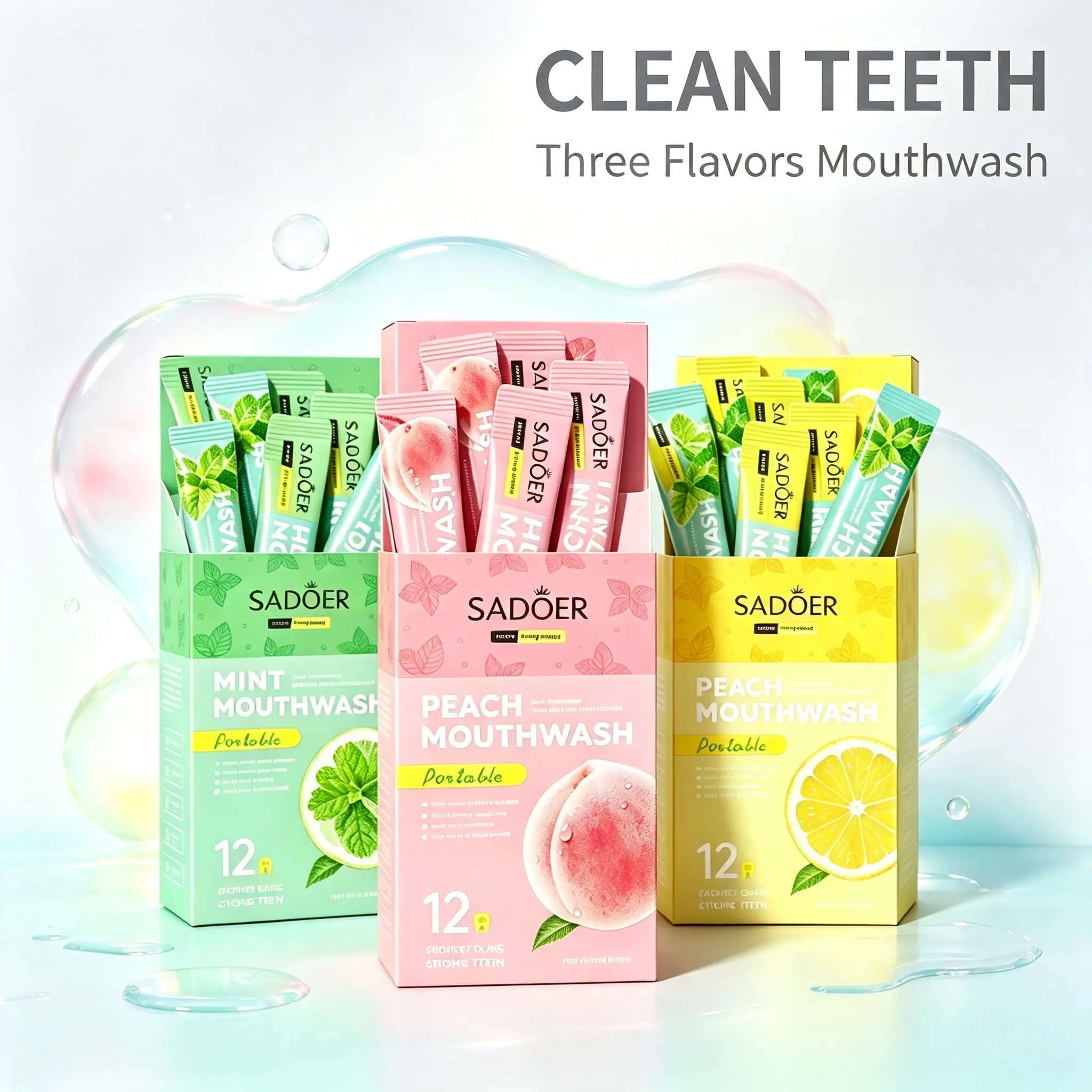（60PCS）3 Flavors Mouthwash, Alcohol Free Mouth Wash for Adults, TSA Approved Travel Mouthwash, Bulk Mouthwash for Fresh Breath, Fluoride Free, Mint, Peach & Lemon Flavors, Portable Oral Care (0.34 Fl Oz, Pack of 20)