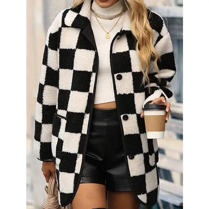 Double Take Full Size Checkered Button Front Coat with Pockets