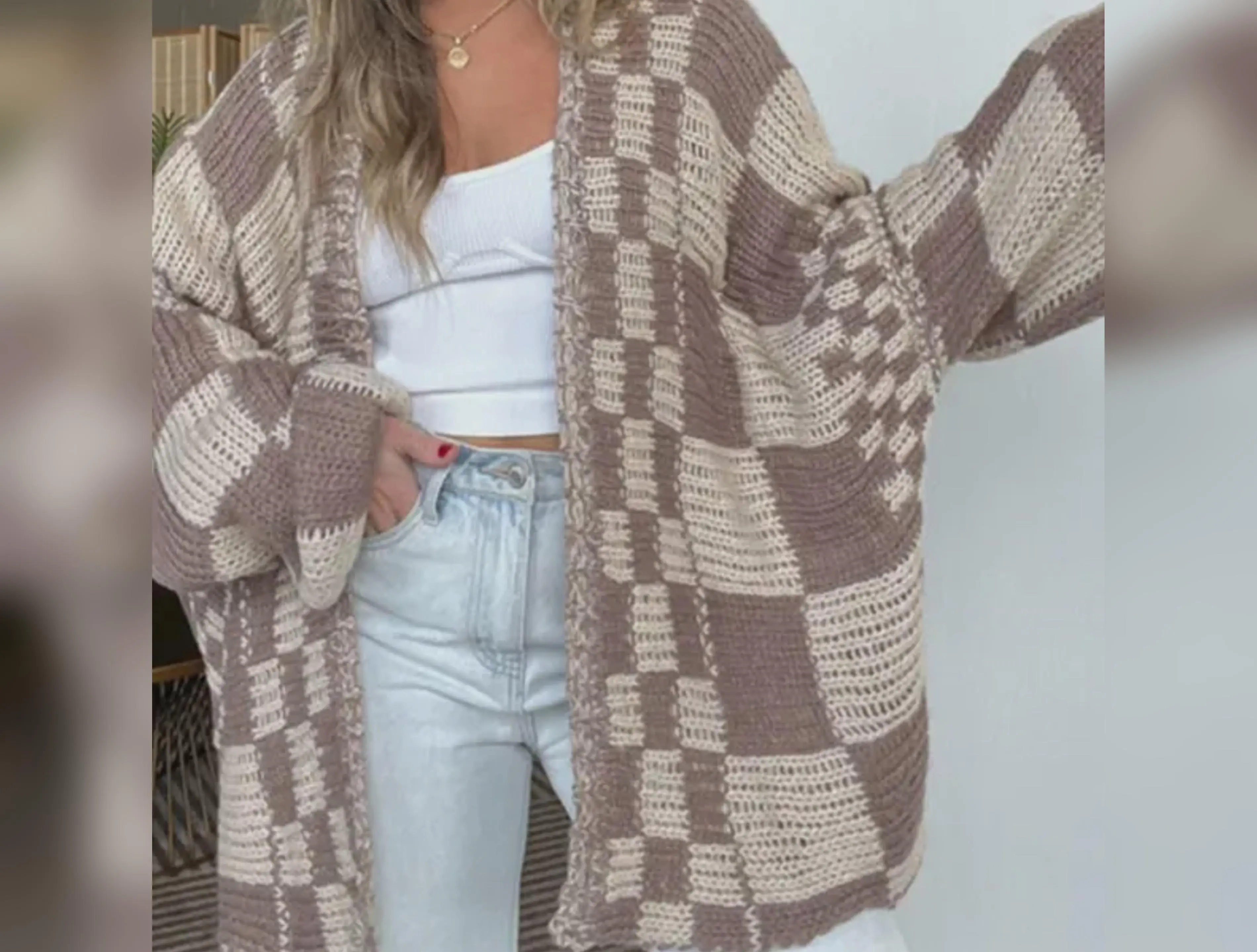 Rizz Boxy Checkerboard Knit Cardigan