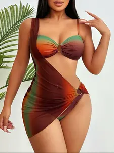 Women's Ombre Print Ring Linked Bikini Set, Casual Adjustable Strap Swim Top & Swim Bottom & Cover Up Skirt Set, Ladies Swimsuit for Beach Holiday Vacation, Color Block Bikini, Colorblock Print Swimsuit