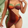 Women's Set, Three-Piece Ombre Print, Sun Protection Mesh Skirt, Sexy Gold Circle Decor, Backless Beachwear, Beach Swim Wear