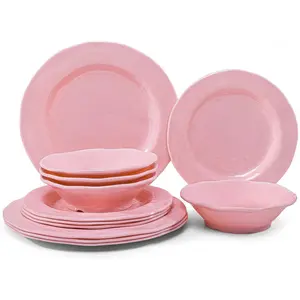 Pink Dishes Melamine Dinnerware Sets, 12 count Kitchen Plates and Bowls Dinnerware Sets, Lightweight,  Melamine Dishes for Girls, Valentine's Day, Mother's Day.