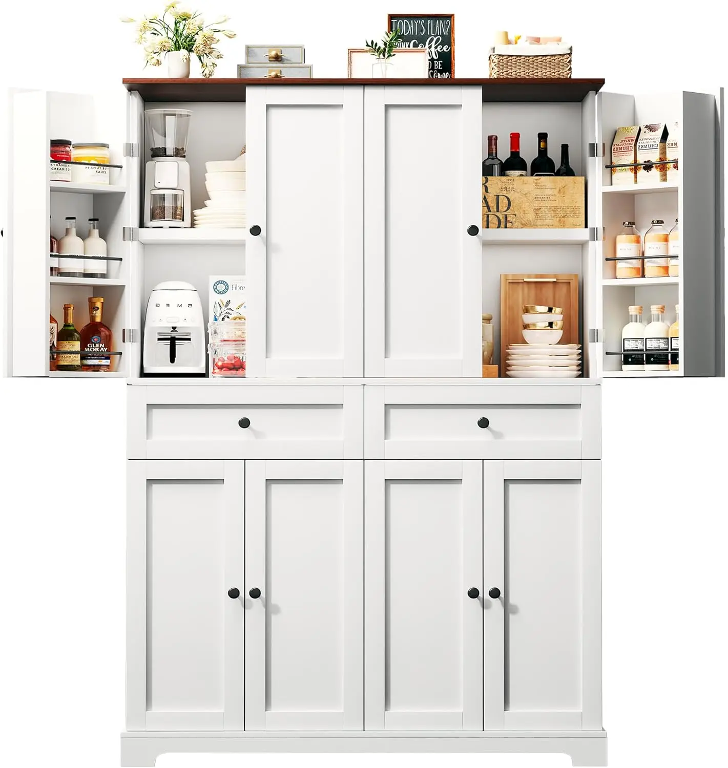 71" Kitchen Pantry Cabinet with 6 Door Shelves, Tall Pantry Storage Cabinet with 8 Doors & 4 Adjustable Shelves, Modern Kitchen Pantry with 2 Large Drawers for Dining Room, Living Room, White
