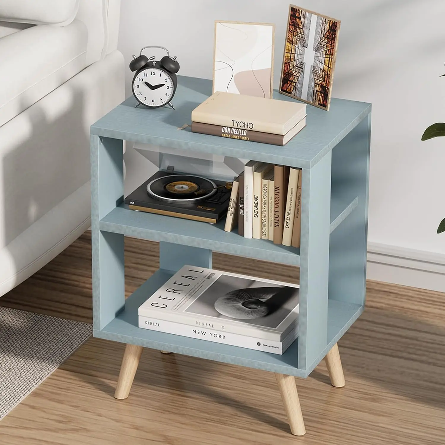 Blue Kids 2-Tier Night Stand - Modern Side Table with Open Storage, Compact Nursery Bedside Table for Small Spaces, Suitable for Various Room Types, Side Tables