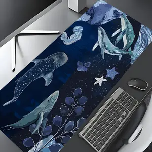 Blue Marine Life Whale Jellyfish Design Large Gaming Mouse Pad,Aesthetic Desktop Drotection Pad,Washable Rubber Pad Non-Slip Lock Edge Multi-Size Mouse Pad Suitable For Home Office,Office Desk Accessories,Good Gift for Family and Friends