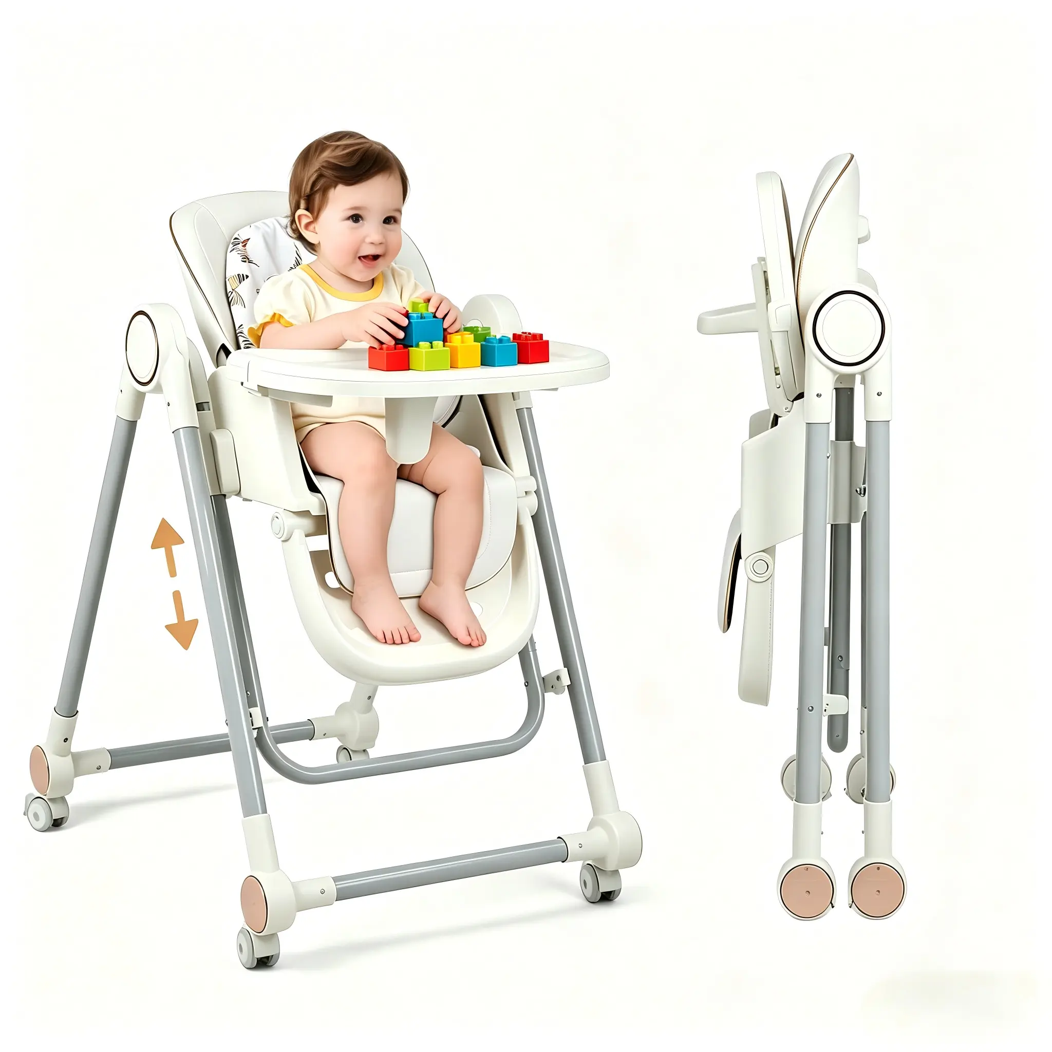5-in-1 Convertible Baby High Chair, Foldable High Chair with Adjustable Height/Recline/Footrest, Removable Double-Layer Tray, PU Cushion, 160° Swing Function for Babies & Toddlers