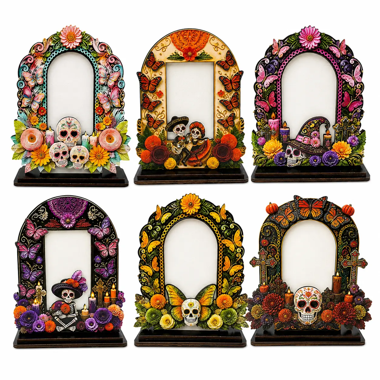 Wooden Picture Frame with Unique Design - Festive Framed Decor for Día de los Muertos Altar Setup, Photo Frame Decoration for Indoor Recreation Desk Tabletop, Multiple Styles