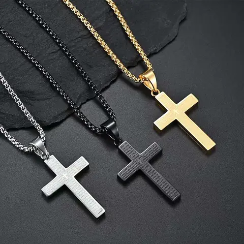 Unisex Engraved Script Cross Shape Religious Necklace with Gold-Silver-Black Artificial Gemstones, All-Match Box & Link Chains, Men's Everyday Jewelry Gift, Box Chain