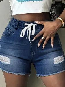 Women's Plus Size Frayed Denim Shorts, Elastic Waist Drawstring, High Waisted, Dark Wash, Stretchy, Distressed, Ripped, Y2K Style, Casual Streetwear