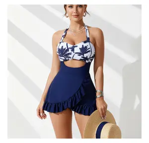 Women's One Piece Swimsuit Navy Tropical Print Halter Bathing Suit Ruffled Skirt Cutout Swimwear for Women Summer Beach Pool