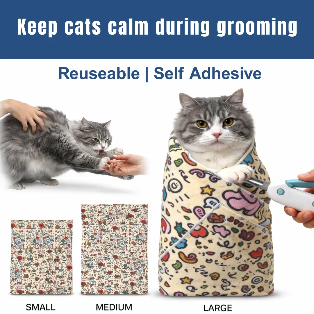 Cat Grooming Wrap for Nail Clipping - Cat Restraint Wrap, Cat Swaddle,Cat Burrito,  Cat Blanket, Calming Cat Wrap Medium Large XL Size Self Adhesive Cloth Wrap Anti-Escape Wrap for Medicine Nail Clipping Teeth Brushing Ear Cleaning