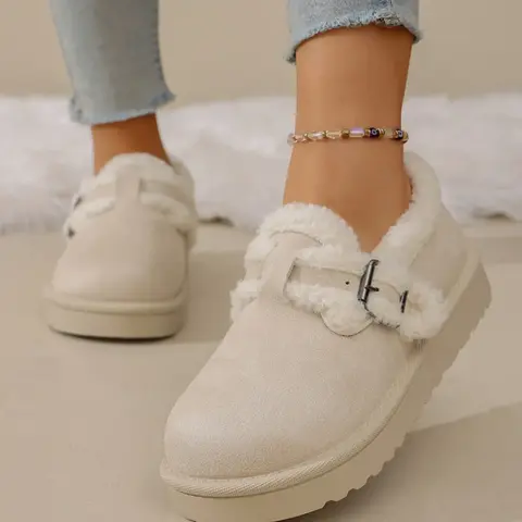 Women's Winter Casual Snow Boots, Faux Fur Lined Ankle Booties with Metal Buckle Decoration, Multiple Colors Available, Furry Boots
