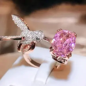 Gold Plated Hummingbird Pink Unique One Size Large Ring, Rose Gold Base, Charm with Pink Stone, Versatile for Formal and Casual Occasions