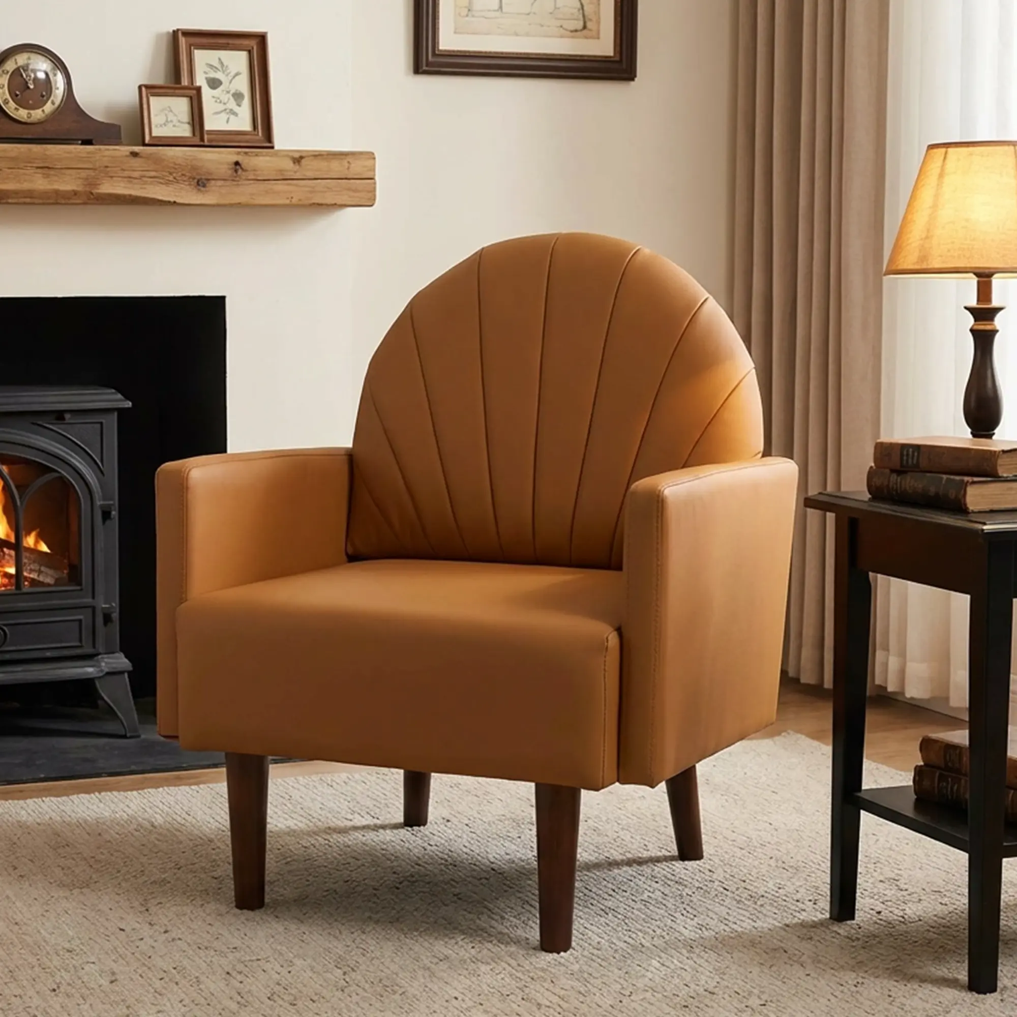 【DealsforYouDays】SZLIZCCC Retro PU Leather Accent Chair, Orange Mid-Century Single Person Armchair with High-Density Foam Cushion, Shell Back, Solid Wood Legs for Living Room, Bedroom