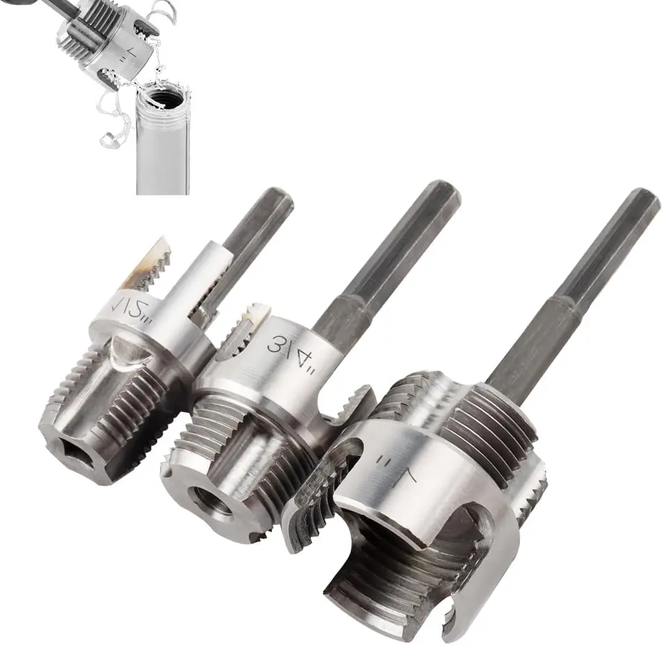 3-Piece Dual-Function Internal & External Pipe Threading Tool Kit, Electric Drill Compatible, for 1/2"-1" PVC/Plastic Pipes, Includes Oxygen Sensor Wrench