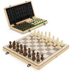 15" Wooden Folding Chess & Checkers Set - 2 in 1 Board Game with 3" King Staunton Pieces and 2 Extra Queens