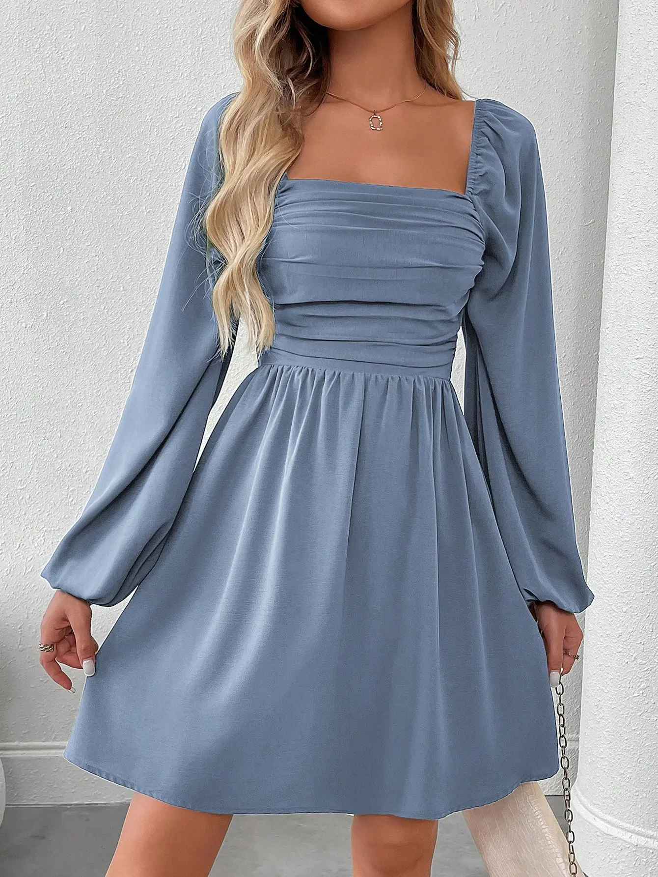 Dusty Blue Mini Dress: Elegant Ruffle Lantern Sleeve Dress for