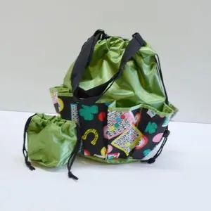 DRAWSTRING LUCKY BINGO PRINT BAG W/ 10 POCKETS LIME GREEN