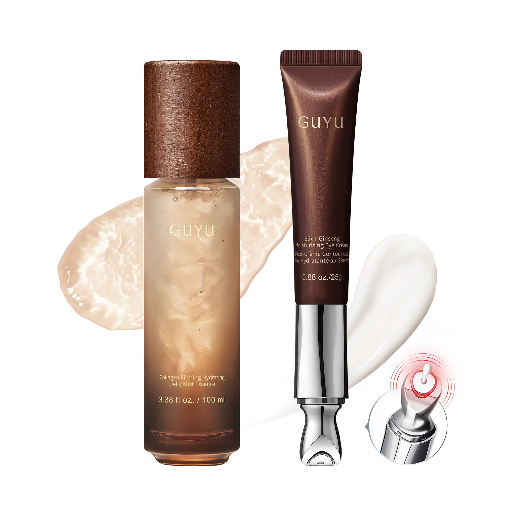 GUYU Essence Spray & EMS Eyecream Duo - Jelly/Micro-oil Mist & Ginseng/Exosome EMS Eye Cream, Micro-current tech, Compound K Collagen Peptides VC PDRN NAD+, Moisture, Anti-Aging, Fade Wrinkles, Plumping, Glowing Brightening