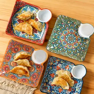 1pc Bohemian-Inspired Square Ceramic Plate, Artistic Design for Dumplings, Sushi, Breakfast, Fruits & Appetizers, Microwave & Dishwasher Safe