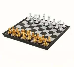 9.8 in Foldable Magnetic Chess Set, Classic Golden and Silvery Tabletop Chess Board, Travel-Portable Strategy Game, Ideal for Parent-Youngster Interactive Family Gatherings and Christmas Gifts