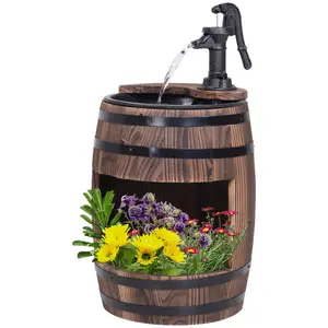 Classic wooden barrel styled freestanding patio water ornament dual purpose flowing water and flower planting design enrich outdoor courtyard natural scenic layout