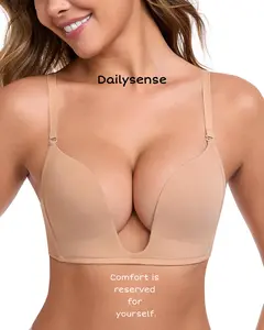 Deep U Bra for Women Plunge Push Up Underwear Cleavage Seamless Low Neckline Padded Red Carpet Comfort