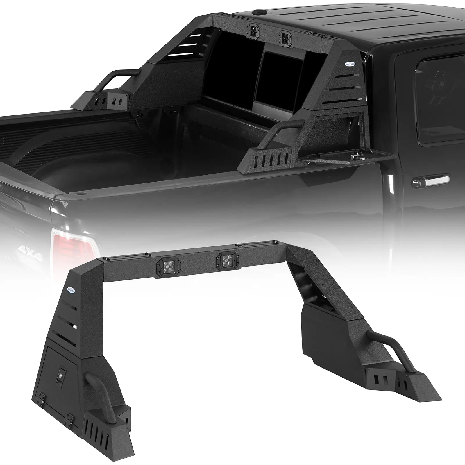 Hooke Road Steel Plate Adjustable Roll Bar for 2007-2026 GMC Sierra 1500 Full-Size Pickups, Truck Rear Rack Accessory with 25W White 2×LED Spotlights, Side Boxes for Gear Storage, Bolt-On Install, Utility Protection, Sporty Look, Father's Day Gift