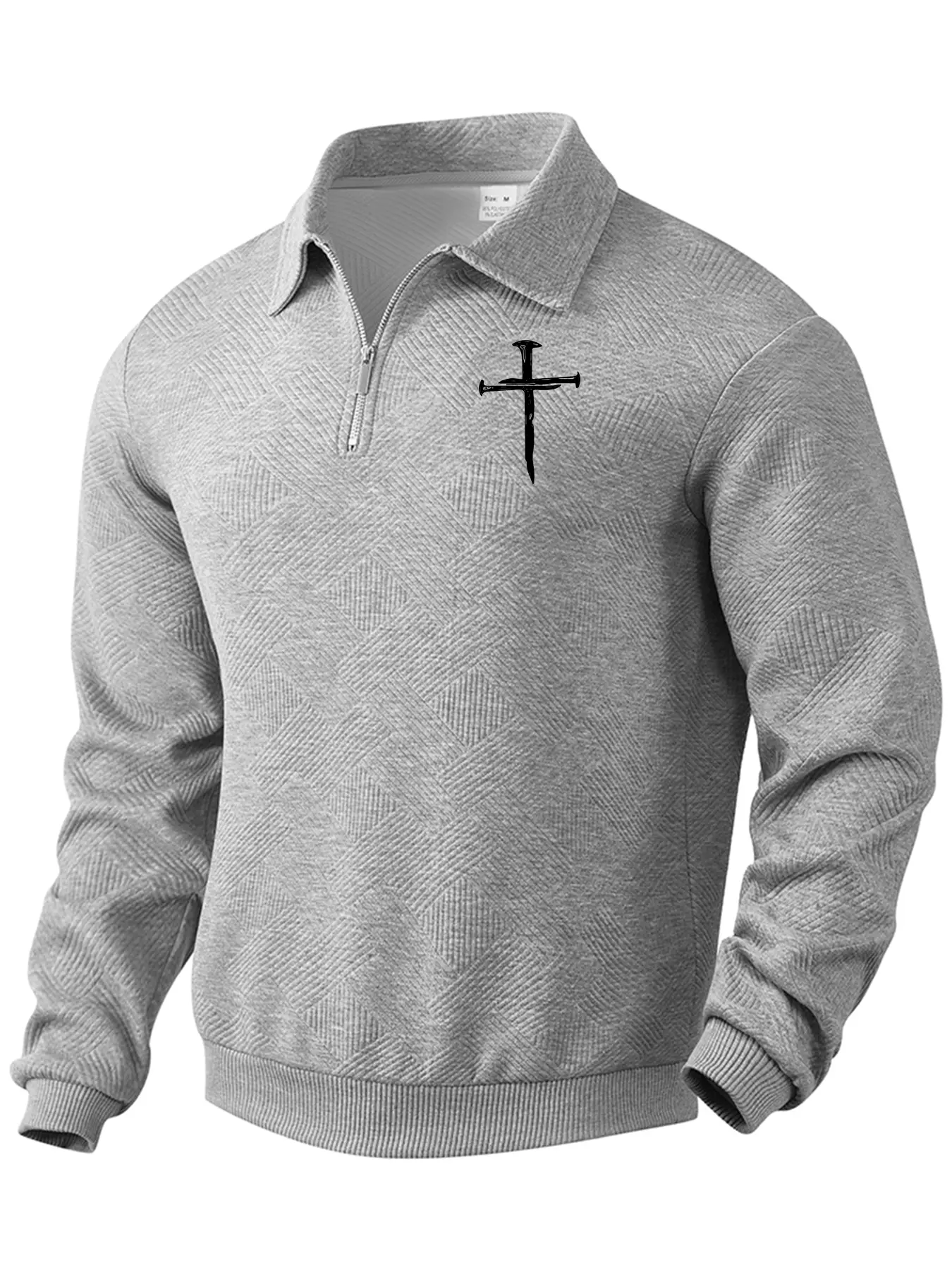 New men's solid color half-zip long sleeve hoodie, with cross print on the chest, knitted fabric, casual style, suitable for men' daily wear in autumn and winter, men's casual sports long sleeve hoodie, Half Zip Sweatshirts