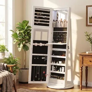 【Deals For You】360° Swivel Jewelry Cabinet with Full-Length Mirror, 3-in-1 Freestanding Lockable Jewelry Armoire Organizer with Built-in LED Lights & Foldable Makeup Tray, Large Capacity Storage Cabinet with with 2 Drawers