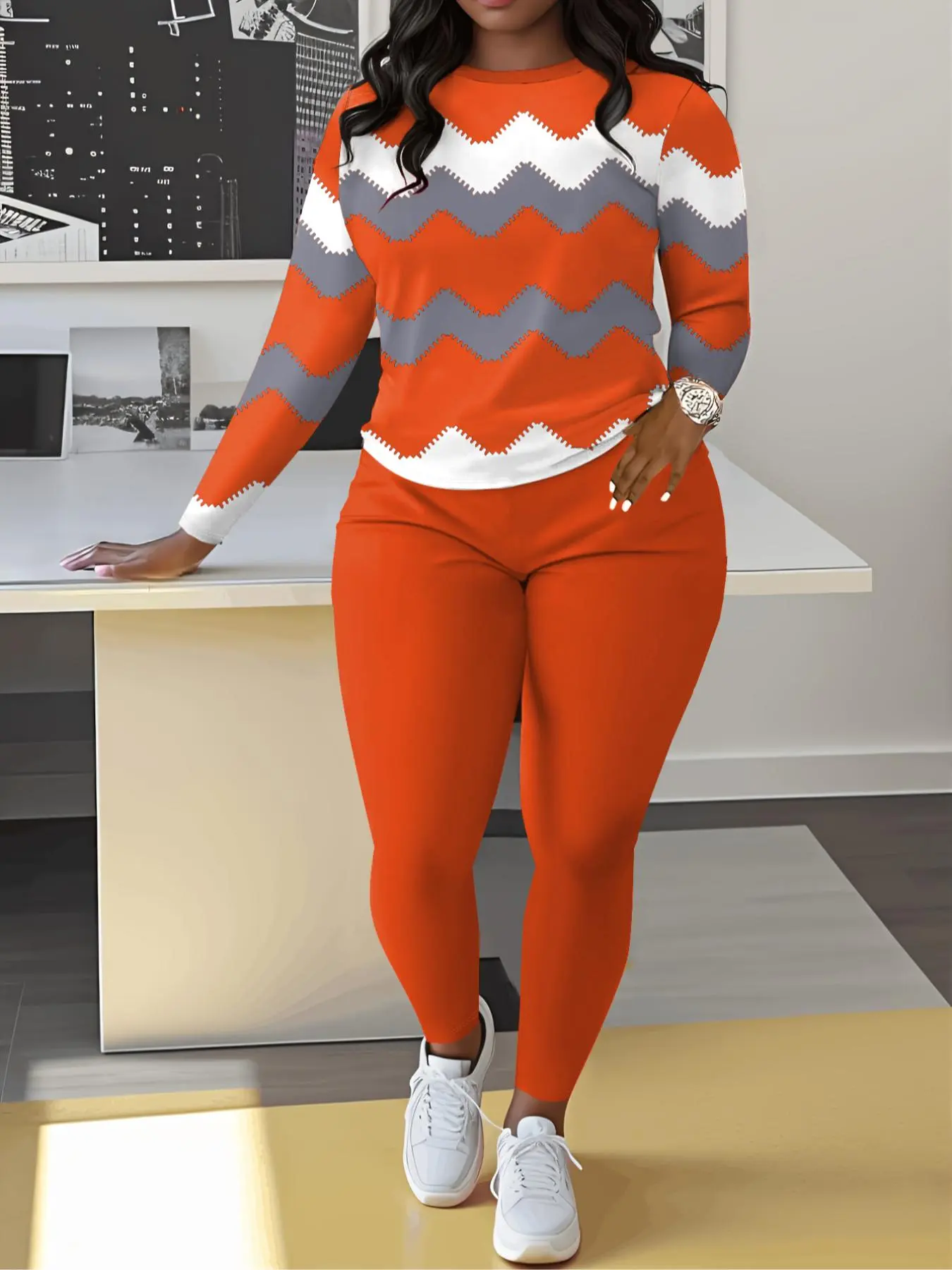 Women's Colorblock Tee & Plain Elastic Waist Pants Two-piece Set, Knit Outfit Set, Casual Style Set, Casual Round Neck Long Sleeve Top & Trousers 2 Piece Set for Spring & Fall, Women's Clothes for Daily Wear, Casual Matching Sets, Outfits Set