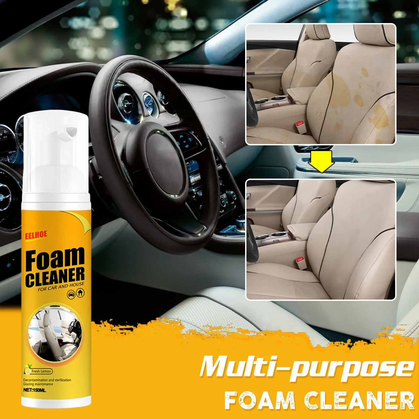 Multi-functional foam cleaner, an interior car product for decontaminating seats and steering wheels.