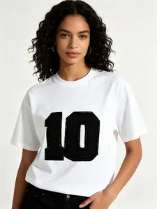 Number 10 Patch Oversized Tee, Black White Varsity Number Graphic Unisex Streetwear Casual T Shirt, Round Neck Frayed Patch Letter Top, Classic Retro Vibe Short Sleeve T Shirts For Men Women