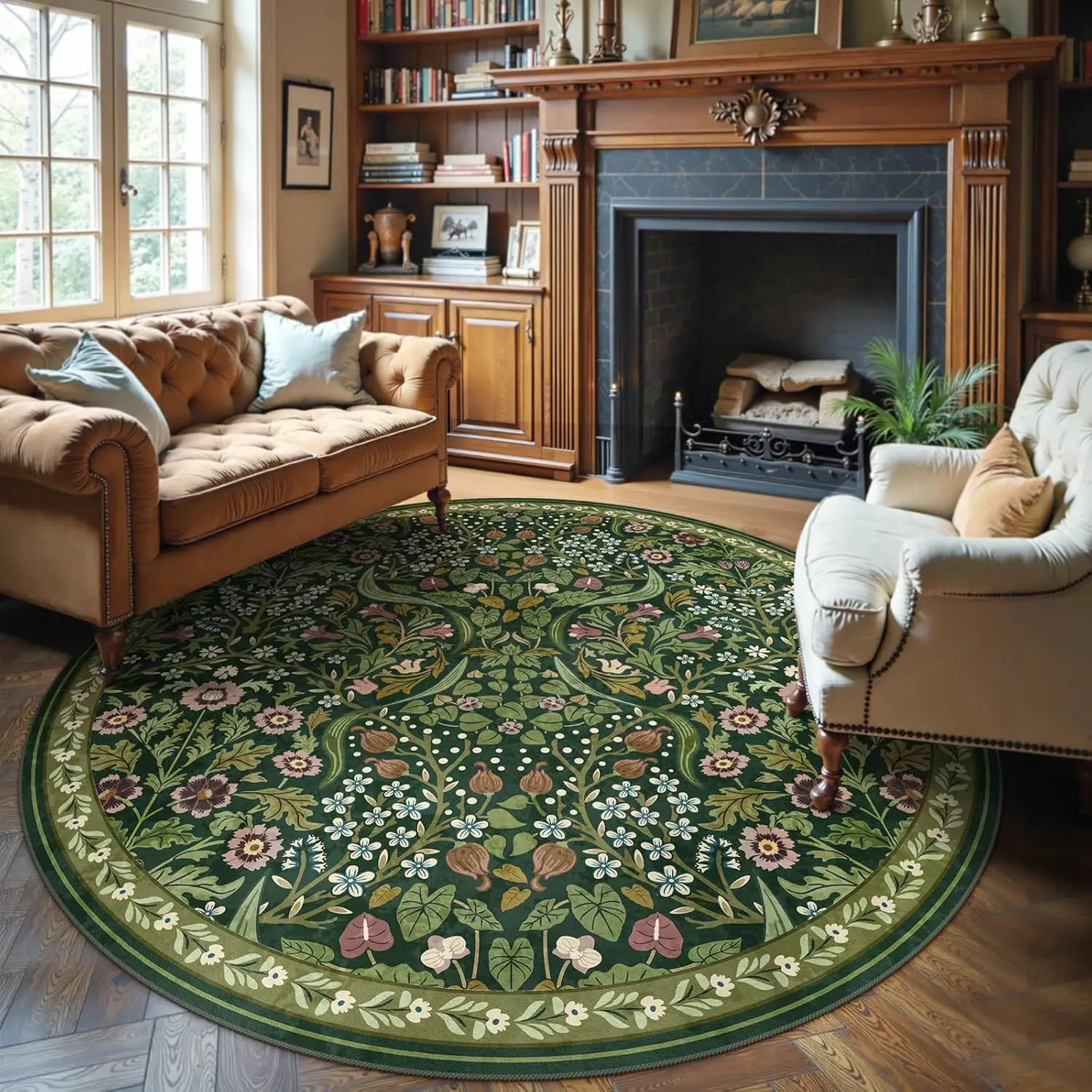 Round Retro Floral Print Area Rug, Boho Floral Rug, Decorative Rug, Floral Pattern Rug, Flower Pattern Rugs, and Non-Slip, Plush Carpet for Living Room and Bedroom Decor, Ideal for Sofas and Coffee Tables, Vintage Printed Rugs