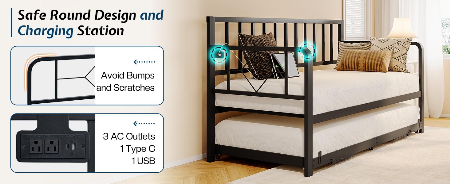 AMERLIFE Twin Daybed with Charging Station and LED Lights, Versatile Bed Frame with Steel Slats Support, Daybed with Trundle for Living Room, Bedroom, Guest Room, Black/Best Gift Ideas/Christmas Gifts