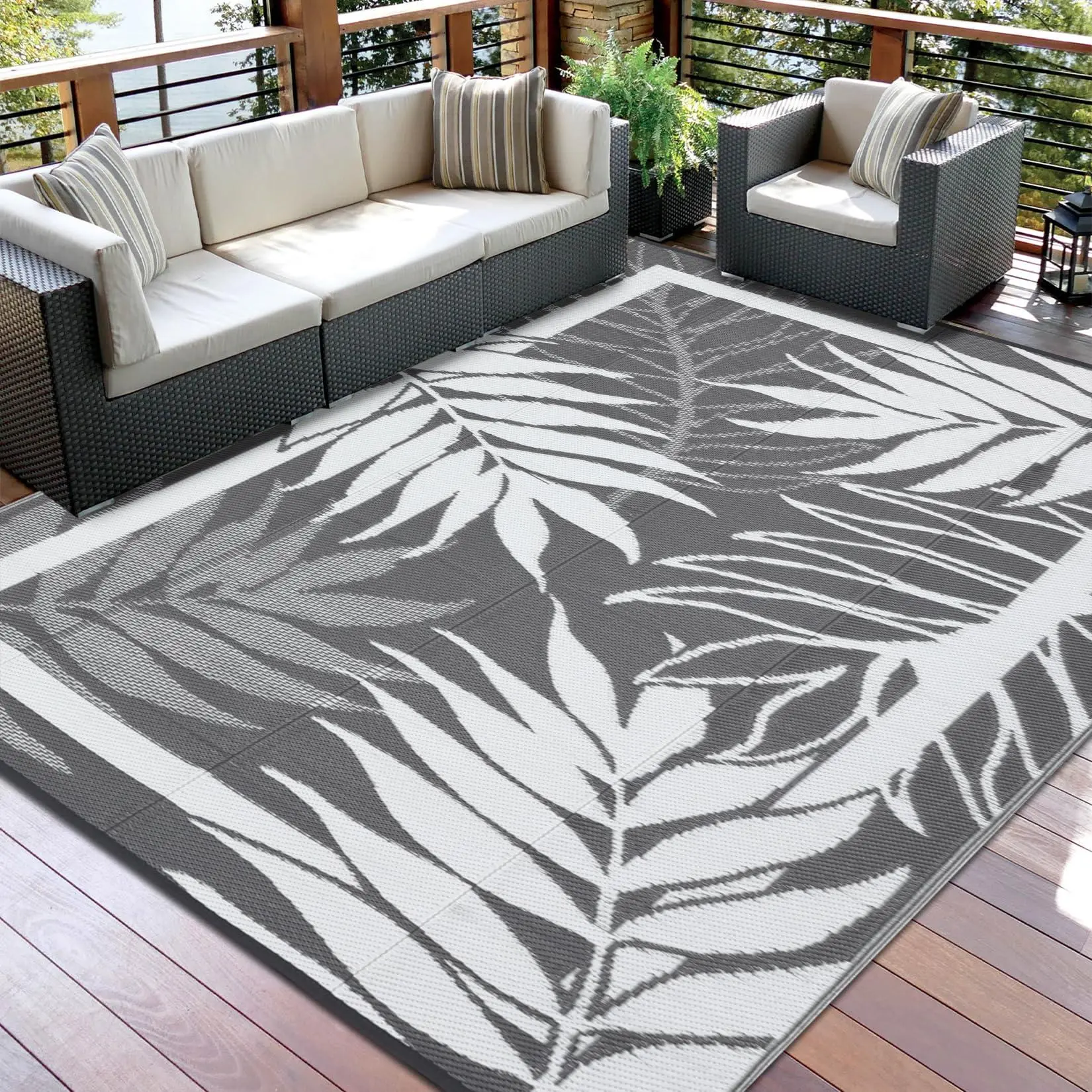 Indoor Outdoor Rug, Clearance Waterproof Reversible Patio Rug Mat - All-Weather Heavy-Duty Carpet for High-Traffic Patio, Poolside, Commercial Entryway, Grey+White, Outdoor Rug Mats