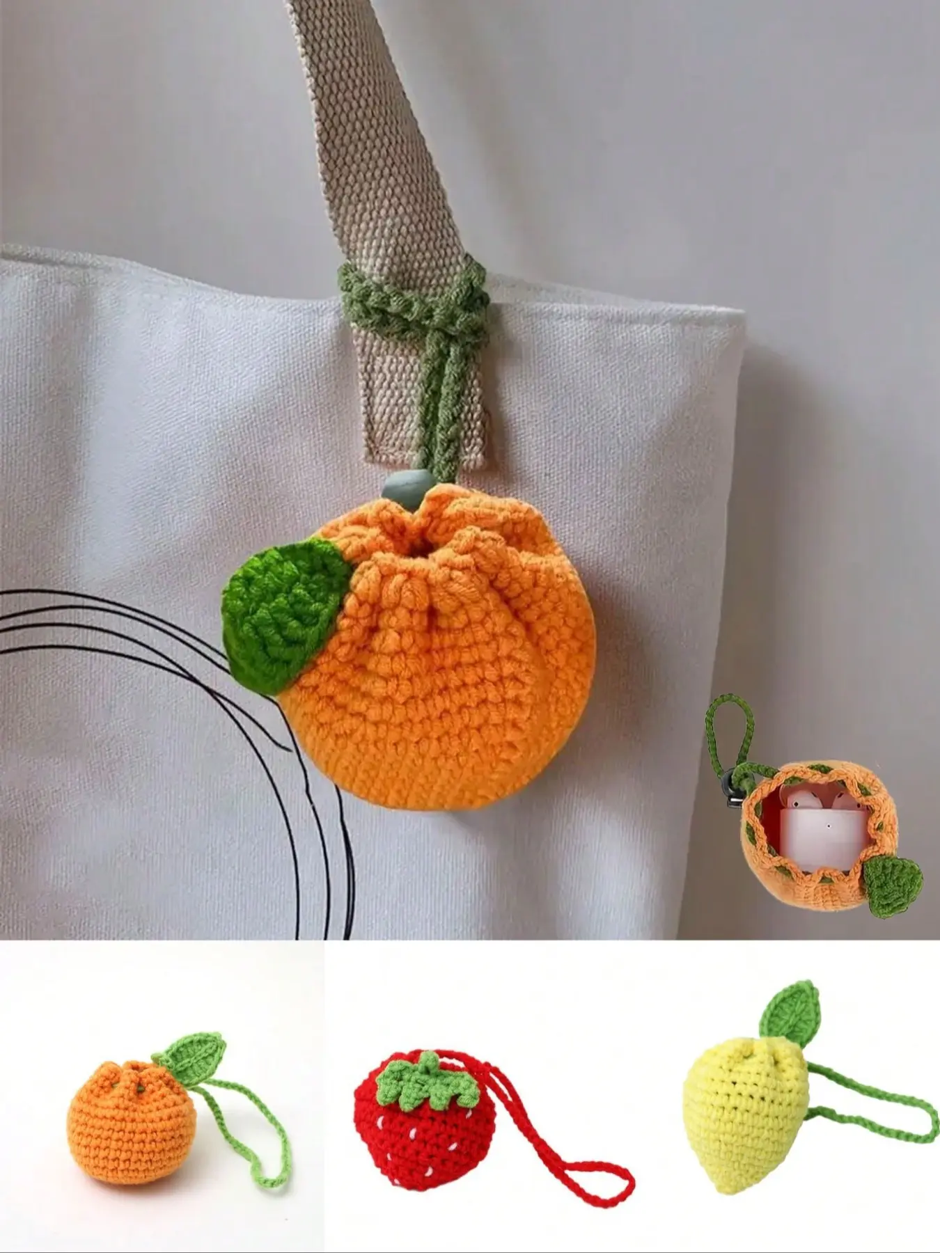 Handmade Crochet Fruit Coin Purse - Bright Orange Knitted Wallet, Strawberry Crochet Storage Bag, Bag Pendant, Headphone Storage Bag, Key Storage, Fashion Travel Accessories And Women'S Gifts, Casual Purse, Daily Use Purse, Mini Coin Purse