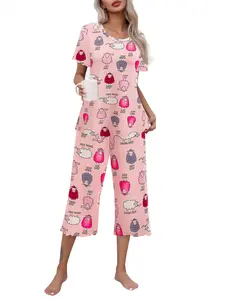 Ekouaer Womenswear  Loungewear pajama set with short sleeved top and cropped pants casual wear and, women's casual pajama set Light Nightwear