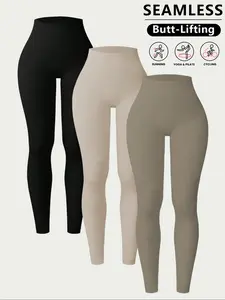 Women's Ribbed Knit Yoga Leggings Set, Seamless Medium Stretch Sports Pants, Tummy Control Fitness Clothes, Active Lifestyle, Comfy Stretchy Leggings, Skinny Sports Leggings, Gym Fitness Leggings