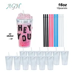 AGH US [New Arrived] 12pcs 16 OZ Double Wall Plastic Tumblers with Clear Color Lid Snow Globe Acrylic Cups Water Bottles for Crafty DIY Glitter Gifts