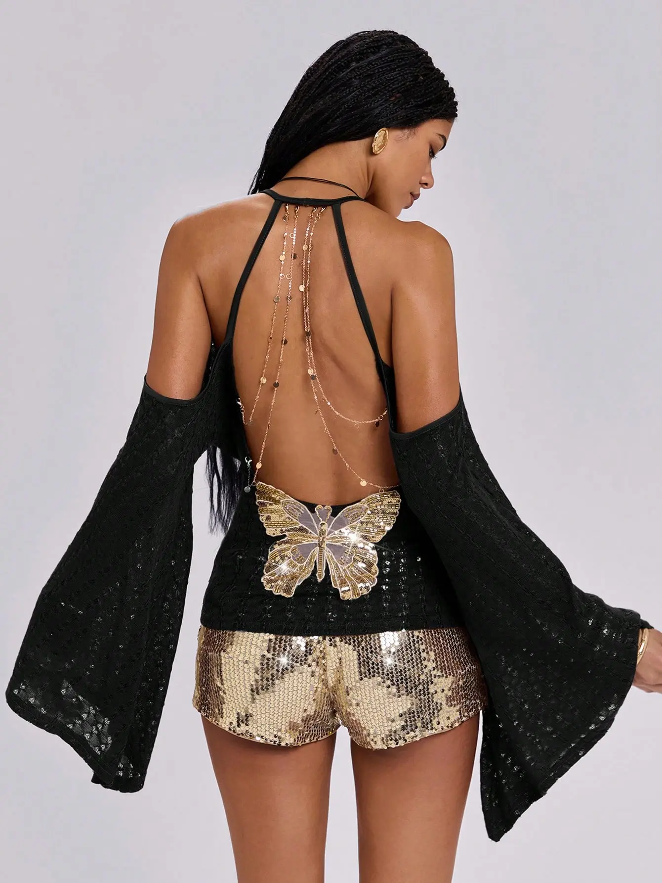 LALUZ Boho Backless Deep Draped Neck Flare Sleeve Chain Sheer Crochet Top Y2K Sexy Avant-Garde Trendy Party Top