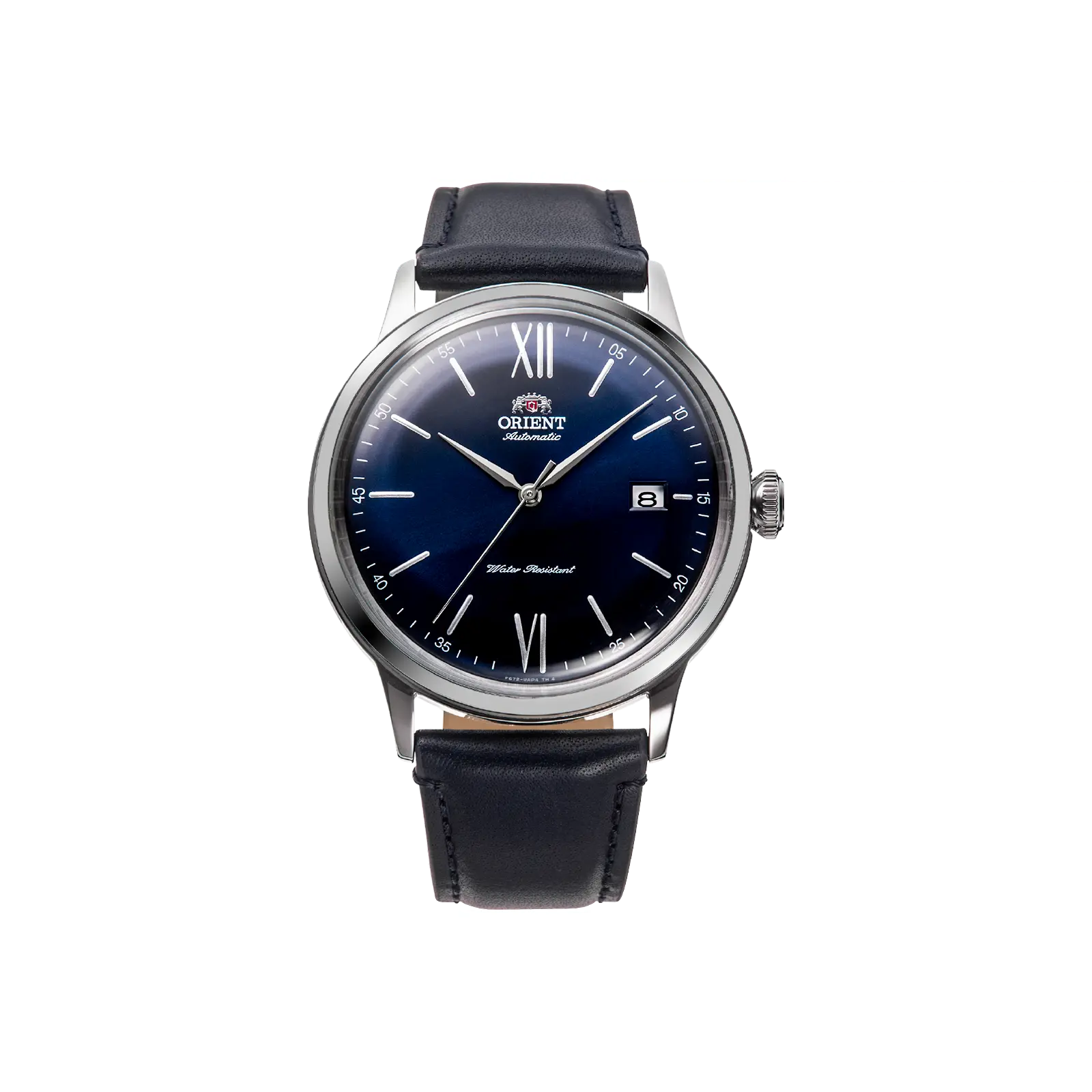Orient Bambino V6 Unisex Modern Basic Stainless Steel Dress Watch with Automatic Mechanical Movement, 40.5mm Blue Dial, Calendar and Leather Band, Date Display, Round Dial, Stationary Bezel