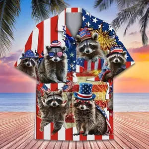 Patriotic Raccoon Hawaiian Shirt, Raccoon 4th of July Design Summer Button Down Shirt, Tropical Aloha Shirt, Gift for Him or Her