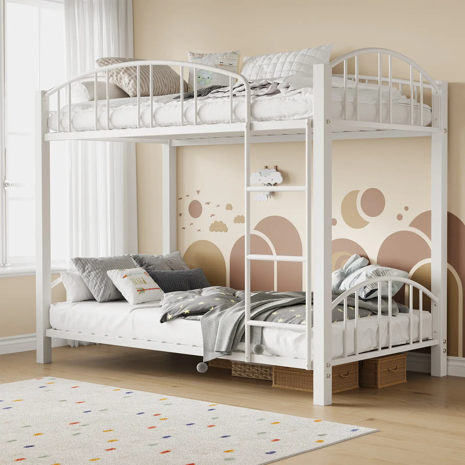 Twin Over Twin Metal Bunk Bed, Heavy Duty Steel Frame with Arched Guardrail & Safety Ladder, Space-Saving Design for Children, No Box Spring Required, White