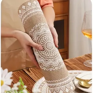 Bohemian Jute Printed Woven Placemats, 15 Inch Round Linen Table Mats, Set of 4/6/8 Pack, Easy to Clean, Perfect for Dining & Events