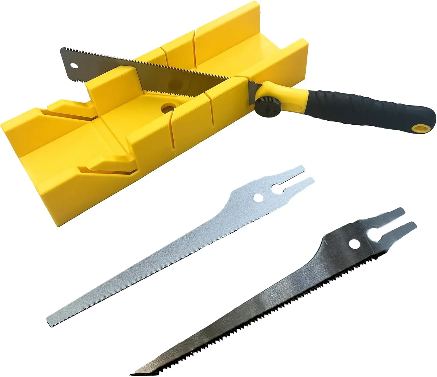 4-Piece Miter Box & Saw Set - 2.68*12 Inch Mitre Box with 3 Saw Blades for Precise Miter/Bevel Cuts (to Soft) - Light-Duty Cutting